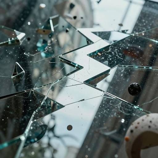 Photograph of shattered glass with jagged edges and numerous cracks, reflecting a bright light source and blurred urban background.