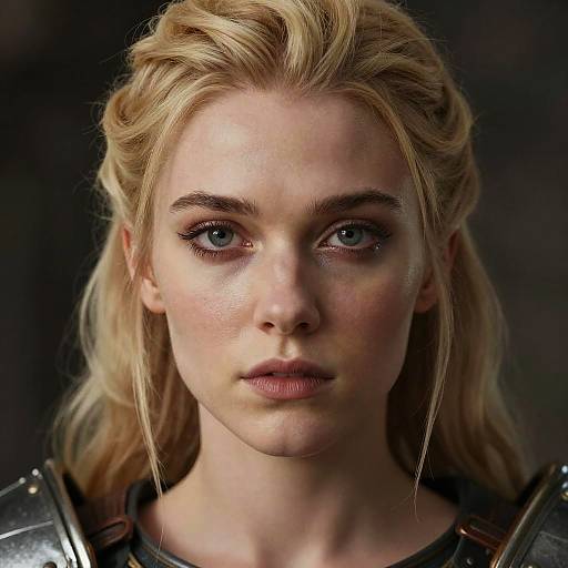 Photograph of a serious, blonde, blue-eyed woman with light skin, wearing medieval armor, with her hair braided and loose strands framing her face