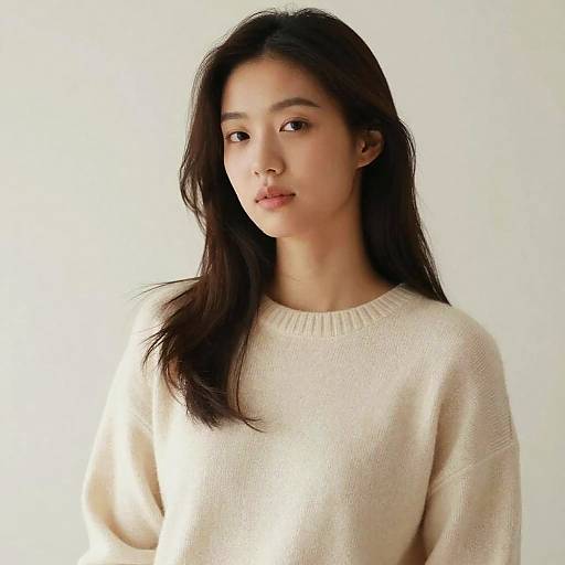 Photograph of an Asian woman with long black hair, wearing a light beige knit sweater, standing against a plain white background.
