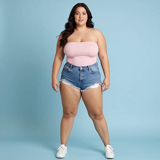 Photograph of a plus-sized woman with long black hair, wearing a pink strapless top and high-waisted frayed denim shorts, standing against