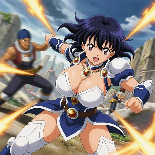 Anime-style digital artwork of a busty, dark-haired female warrior in blue and white armor, with fire projectiles, fighting a muscular man in the background.