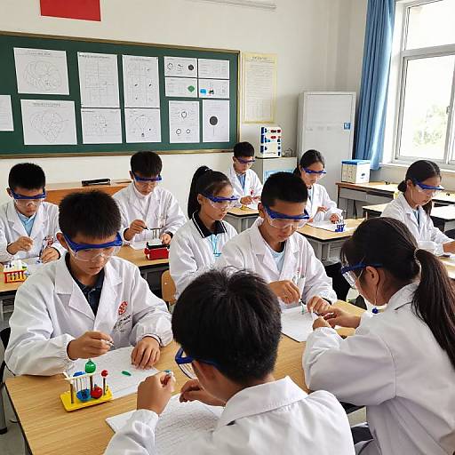 Photograph of a science classroom with eight Asian students in white lab coats and blue glasses, working at wooden desks, surrounded by charts and a whiteboard