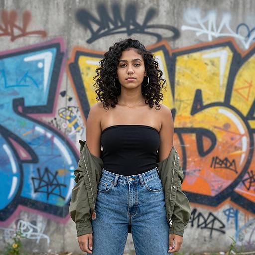 Photograph of a curly-haired woman with medium brown skin, wearing a black strapless top and high-waisted blue jeans, standing in front of