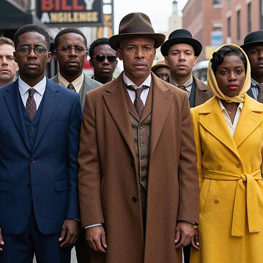 Photograph of African American men and woman in 1940s-style clothing; central man in brown suit and hat, flanked by men in suits