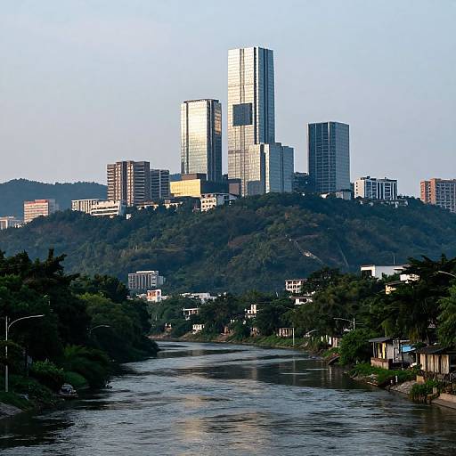 Photograph of a city skyline with tall glass skyscrapers on a hilltop overlooking a river, surrounded by trees and buildings.