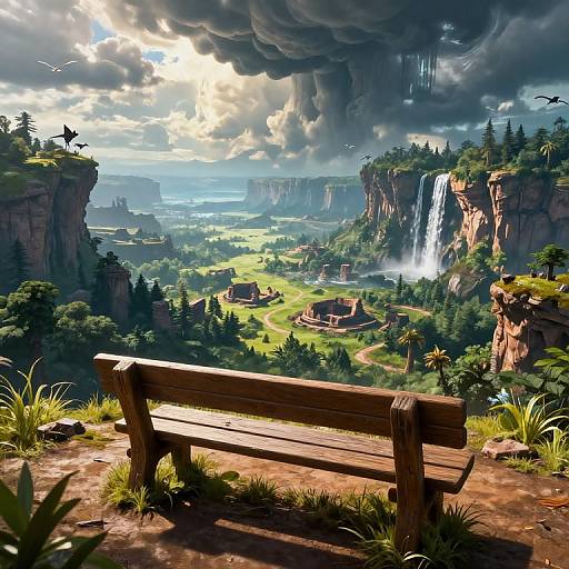 Fantasy landscape painting: Wooden bench in foreground, overlooking lush valley with cliffs, waterfalls, ancient ruins, and dramatic cloudy sky. Sunlight breaks
