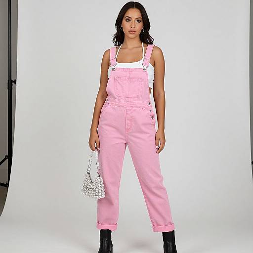 Photograph of a woman with dark hair, wearing pink overalls, white tank top, black boots, and holding a white crochet bag, standing against