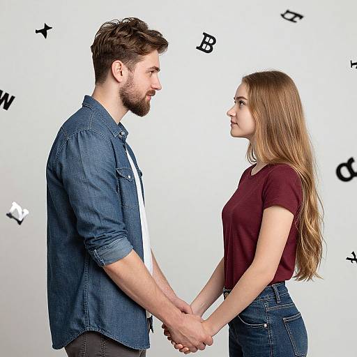 Photograph of a bearded man in a denim shirt and a woman with long brown hair in a maroon top, holding hands and facing each other