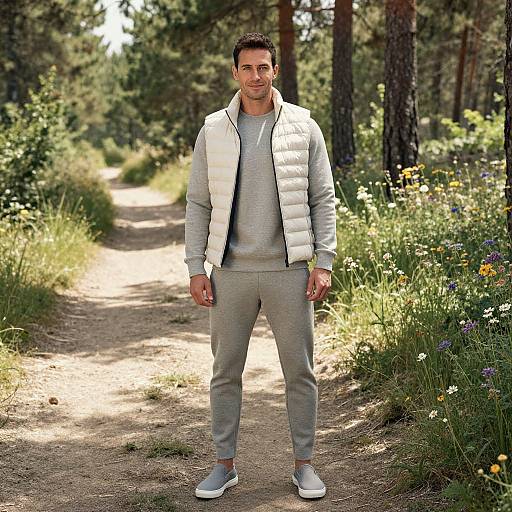 Photograph of a handsome man with short dark hair, light gray outfit, white puffer vest, standing on a sunlit forest path.