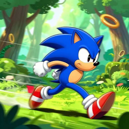 Digital artwork of Sonic the Hedgehog, blue anthropomorphic hedgehog, running through a vibrant, sunlit forest with glowing rings and mushrooms.