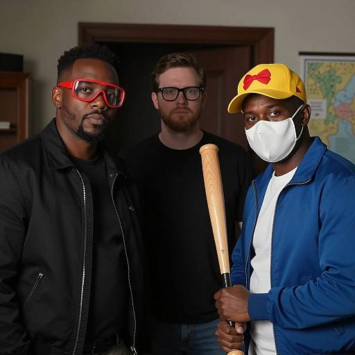 Three Men in Dimly Lit Room with Baseball Bat
