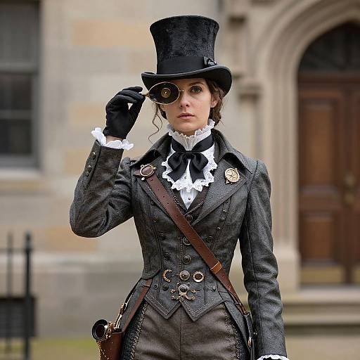 Photograph of a Victorian-era woman in black attire with top hat, white lace collar, black gloves, and brown satchel, adjusting goggles against