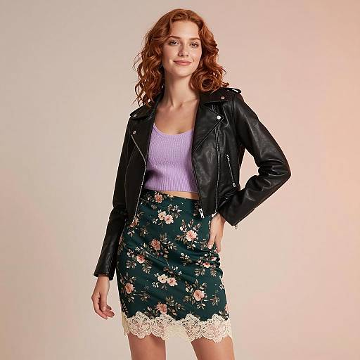 Woman in Black Leather Jacket and Floral Skirt