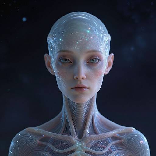 CGI image of a translucent, ethereal humanoid woman with glowing blue eyes, detailed internal anatomy visible, set against a dark, starry background.