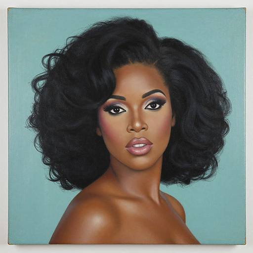 Digital portrait of a beautiful, dark-skinned Black woman with voluminous black curly hair, striking makeup, and glossy pink lips, set against a light