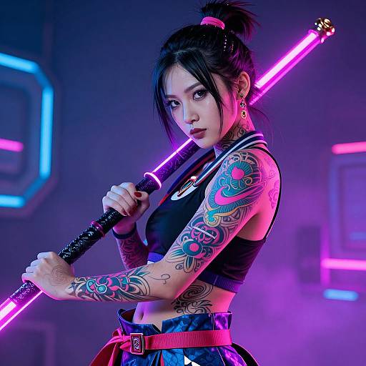 Digital artwork of a tattooed Asian woman with black hair in a bun, holding a neon pink katana, wearing a black crop top and blue pattern