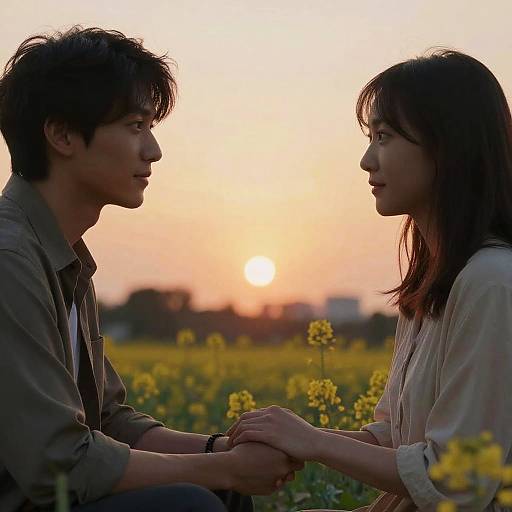 Photograph of a young Asian couple sitting in a yellow flower field at sunset, holding hands, gazing into each other's eyes.
