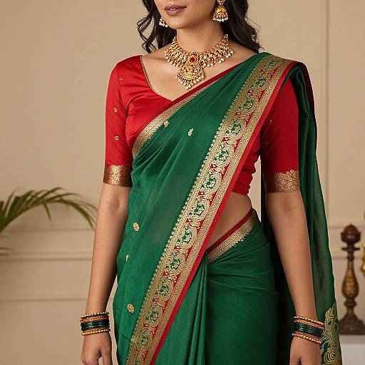 Elegant Green Saree with Gold Necklace