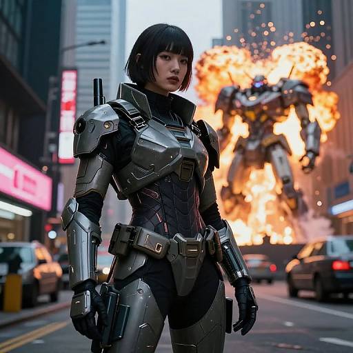 CGI image of an Asian woman in futuristic armor standing on a city street as a giant robot explodes in the background. Urban setting with cars and neon