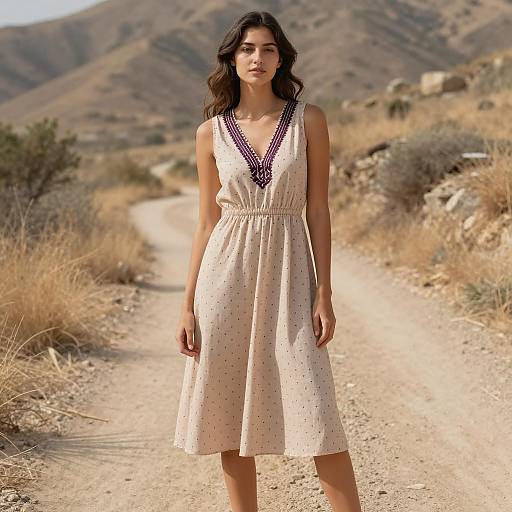 Young Woman in Beige Polka Dot Dress on Mountain Path