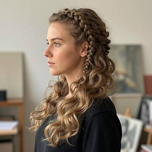 Photograph of a young woman with fair skin, blue eyes, and wavy, blonde hair styled in intricate braids, wearing a black top,