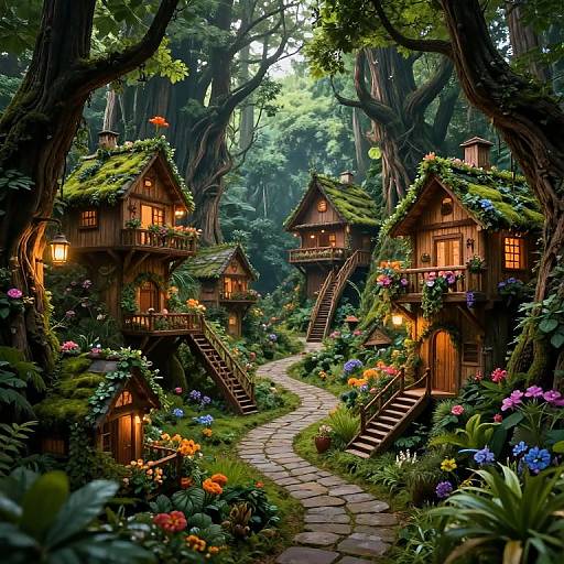 Enchanted forest with whimsical, moss-covered wooden cottages, lit windows, stone pathway, vibrant flowers, and tall trees, creating a magical