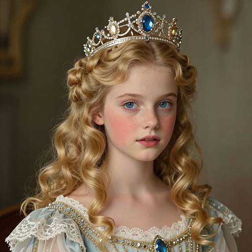 Photorealistic portrait of a young blonde princess with blue eyes, wearing a gold and blue jeweled crown, and an ornate dress with lace and