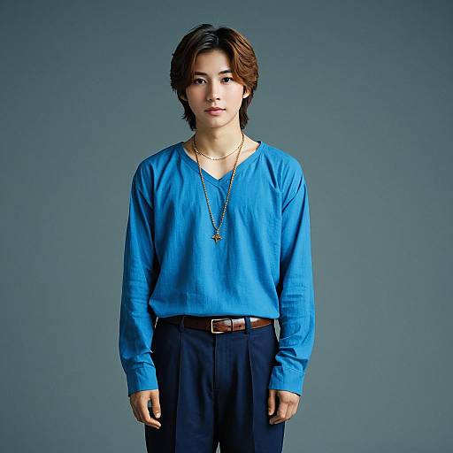 Young Man in Blue Shirt and Necklace