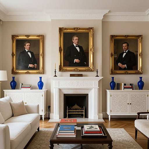 Photograph of a classic living room with three ornate gold-framed portraits of men in black tuxedos, white fireplace, white furniture,
