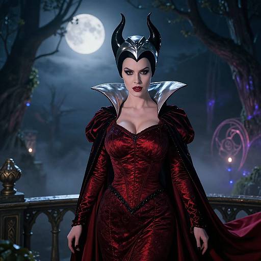 Photograph of a pale-skinned woman with black horned headpiece, red velvet gown, and silver collar, standing under a full moon in a