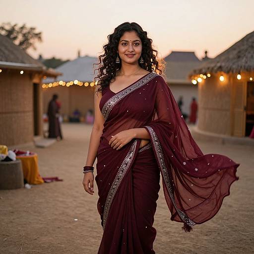 Photograph of a smiling South Asian woman with long curly black hair, wearing a deep maroon saree with silver embroidery, standing in a village courtyard