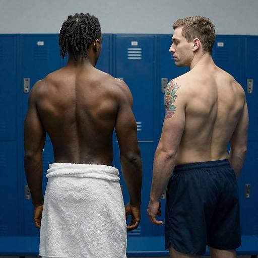 Blue-Lit Locker Room: Two Men
