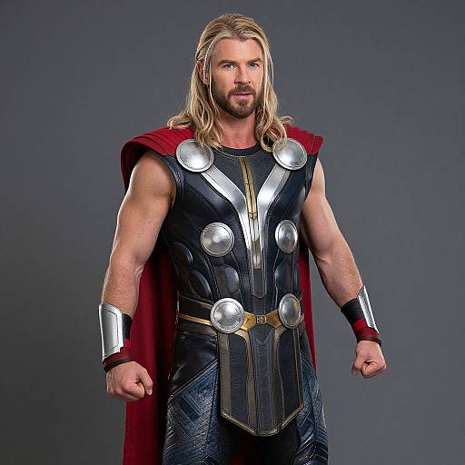 Photograph of a muscular, blonde-haired man with a beard, wearing a black, silver-embellished armored costume and red cape, standing against