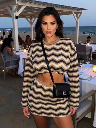 Photograph of a brunette woman with long hair wearing a black-and-beige zigzag knit crop top and skirt, black crossbody bag, standing at