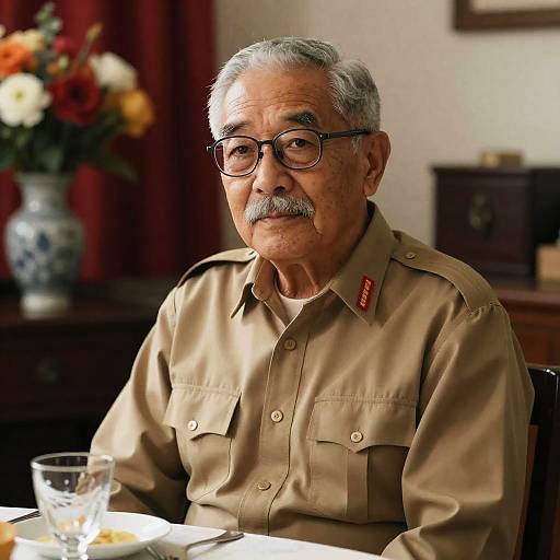 Elderly man in beige military uniform sitting at table