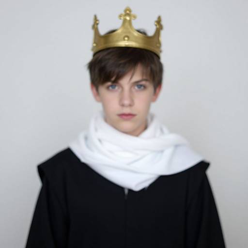 Photograph of a young boy with short brown hair, blue eyes, wearing a gold crown, white ermine collar, and black robe, against a