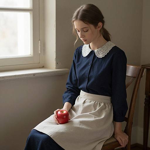 Young Woman with Red Apple in Dim Room