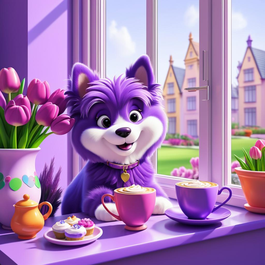 Whimsical Purple Dog in Cozy Scene