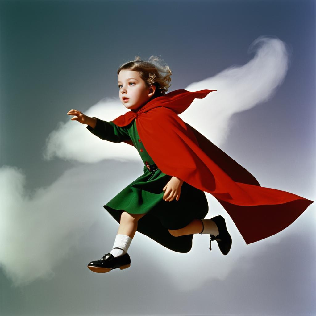 Child in Red Cape Soaring Through Air