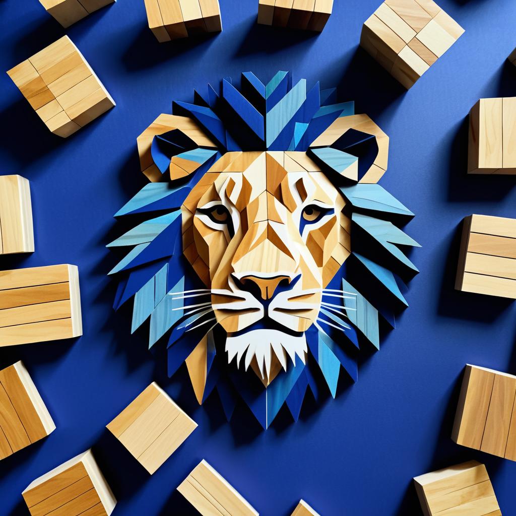 Wooden Block Lion on Indigo Canvas