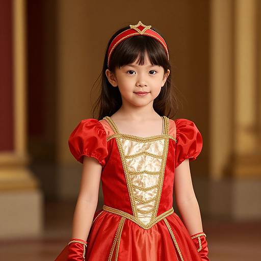 Photograph of an Asian girl with fair skin, black hair, wearing a red princess dress with gold trim, red gloves, and a matching headband