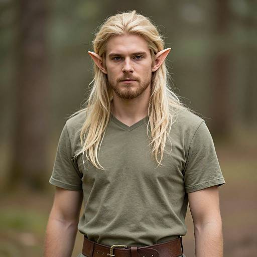 Photograph of a blond, elf-like man with pointed ears, green t-shirt, and brown belt, standing in a blurred forest background.