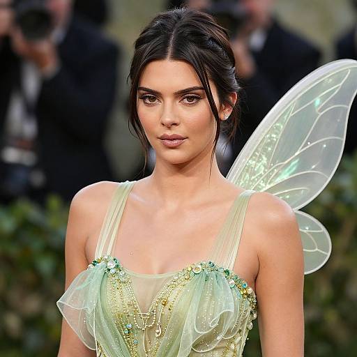 Photograph of a young woman with fair skin and dark brown hair, wearing a fairy-themed dress with translucent wings, standing against a blurred outdoor background.