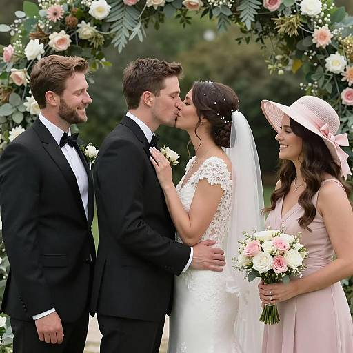 Joyful Wedding Portrait with Floral Archway