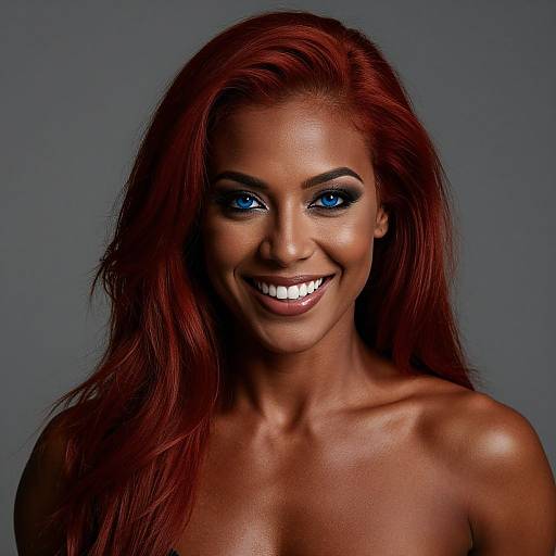 Photograph of a smiling, dark-skinned woman with long, vibrant red hair, striking blue eyes, and glossy dark lipstick against a gray background.