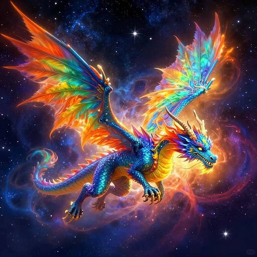 Vibrant digital artwork of a blue dragon with fiery orange, yellow, and green wings soaring through a starry, cosmic background.