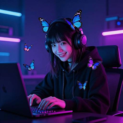 Neon Hacker Girl with Butterflies