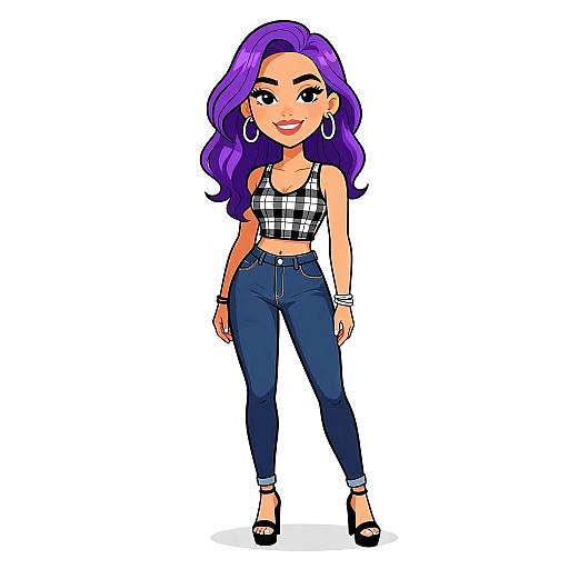 Digital drawing of a stylish woman with long purple hair, wearing a black and white checkered tank top, high-waisted blue jeans, black sandals