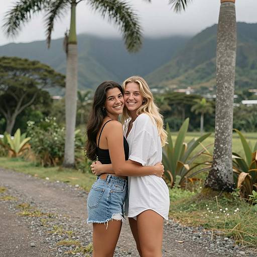 Two Women Hugging in Tropical Landscape