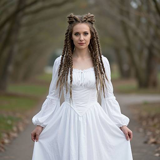 Photograph of a young woman with long, brown dreadlocks in white, long-sleeved, Victorian-style dress standing on a park path.